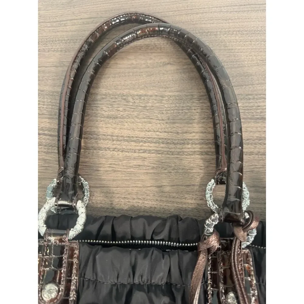 BRIGHTON‎ Purse Camille Black Nylon Ruched Shoulder Bag w/Rosette & Snakeskin